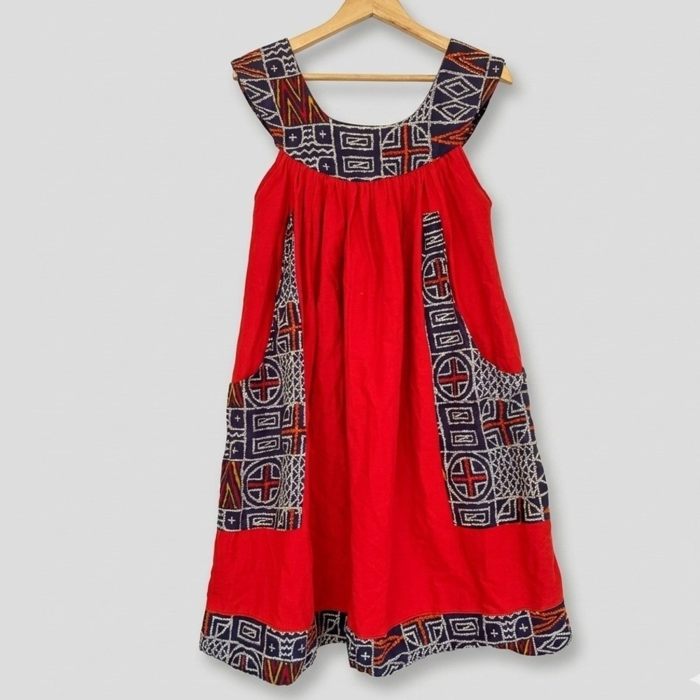 Vintage Handmade Orange Sleeveless Dress Blue Geometric Yoke Pockets Boho Ethnic